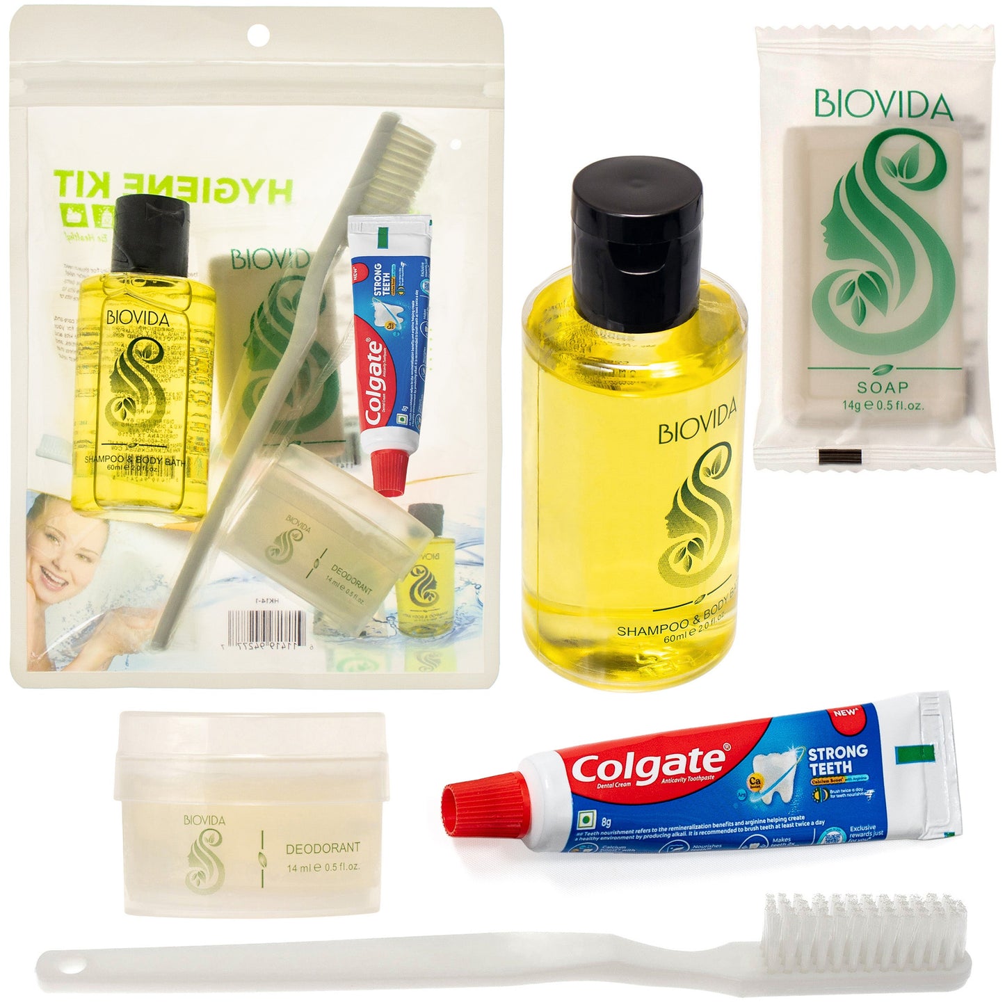 5 Stück Biovida Basic Wholesale Hygiene Kits mit Colgate Zahnpasta - Massentoilettenzubehör - Fall von 96