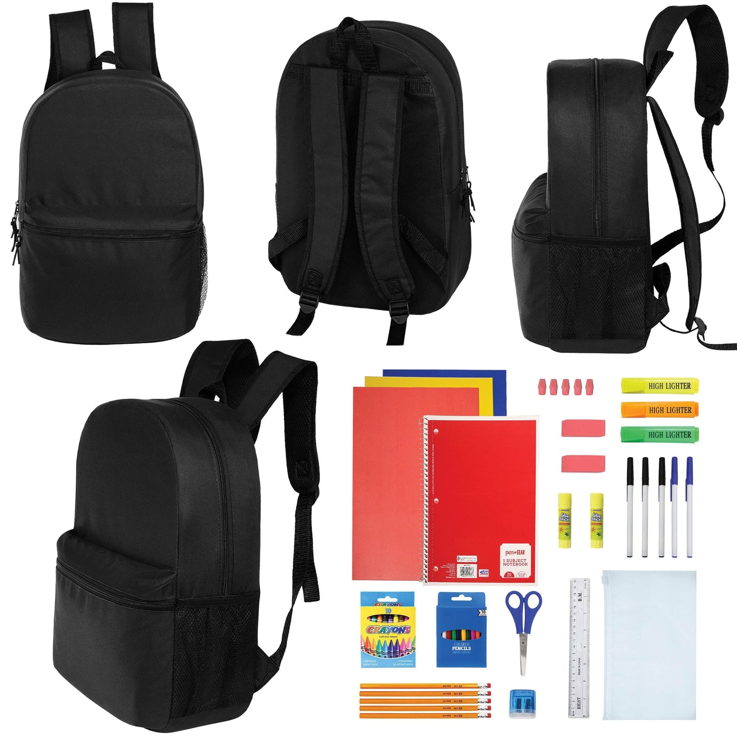 12 Wholesale Blank 18,5 'Rucksäcke in Schwarz & 12 Bulk School Supply Kits Ihrer Wahl
