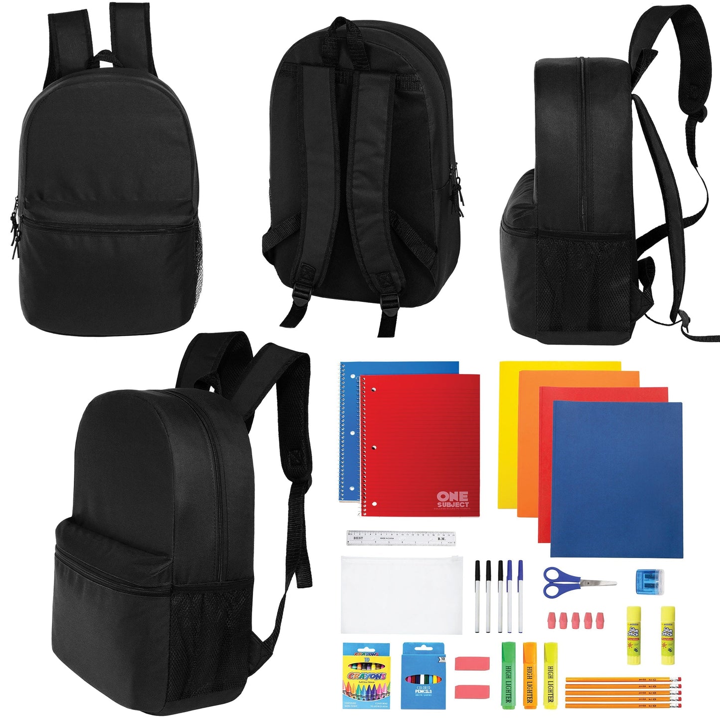 12 Wholesale Blank 18,5 'Rucksäcke in Schwarz & 12 Bulk School Supply Kits Ihrer Wahl