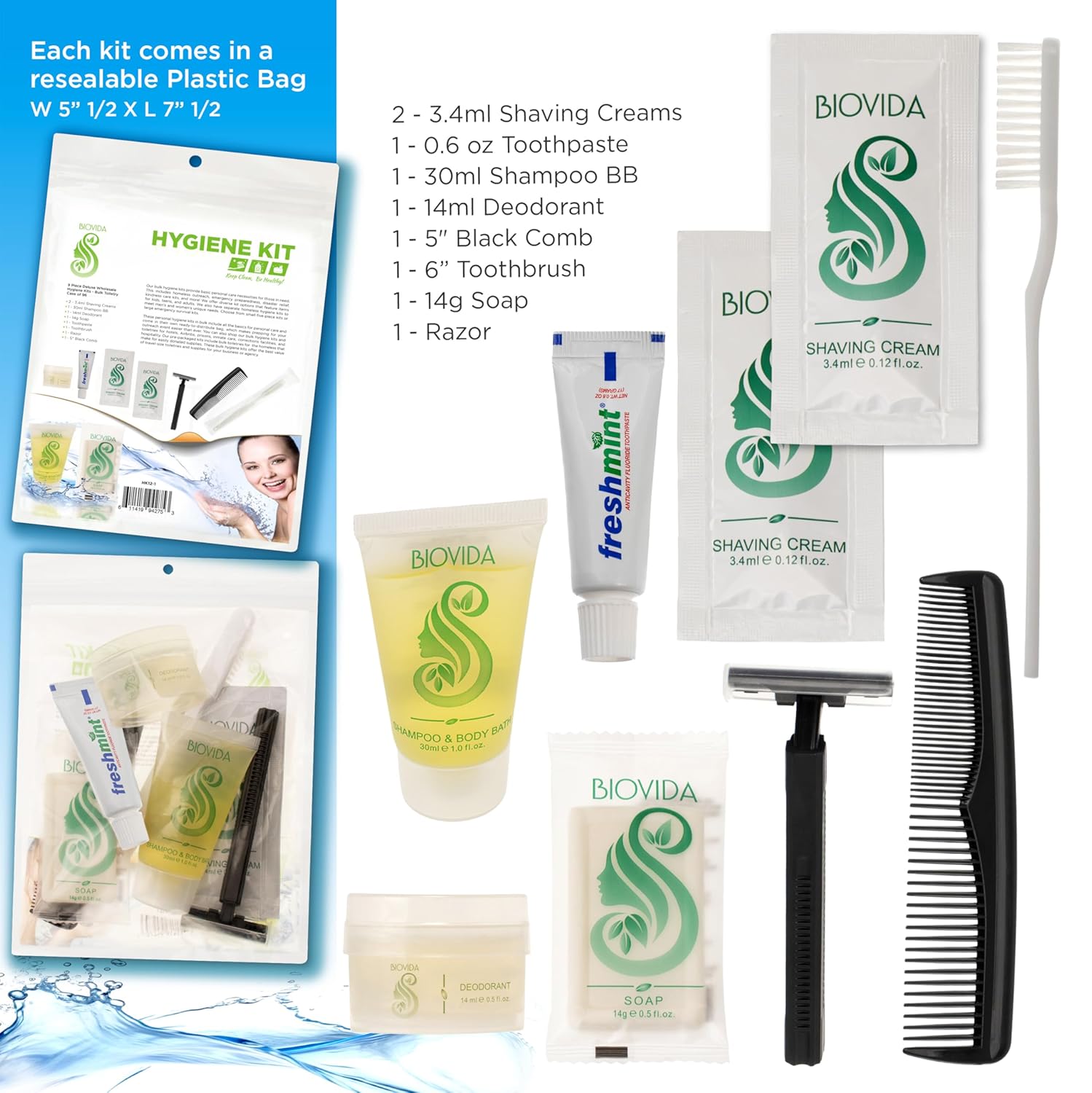 9 Stück Biovida Deluxe Wholesale Hygiene Kits - Massentoilettenartikel - Fall von 96