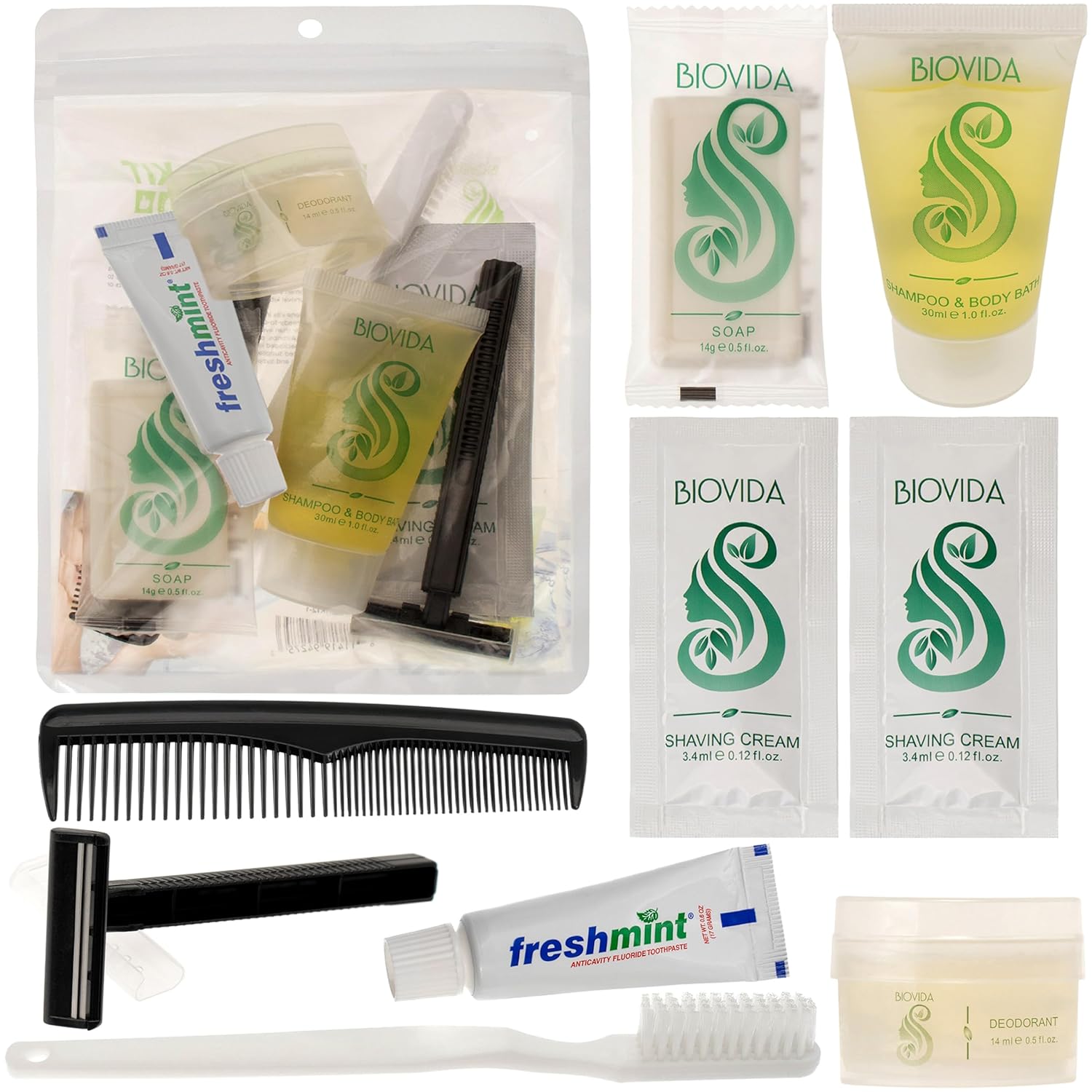 9 Stück Biovida Deluxe Wholesale Hygiene Kits - Massentoilettenartikel - Fall von 96