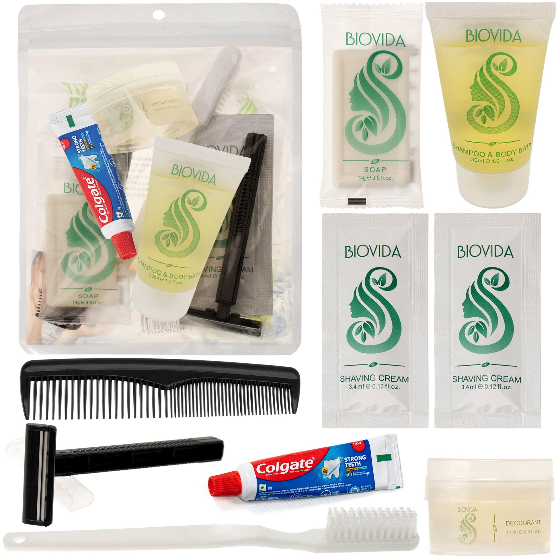 9 Stück Biovida Deluxe Wholesale Hygiene Kits mit Colgate Zahnpasta - Bulk Toiletry Case von 96