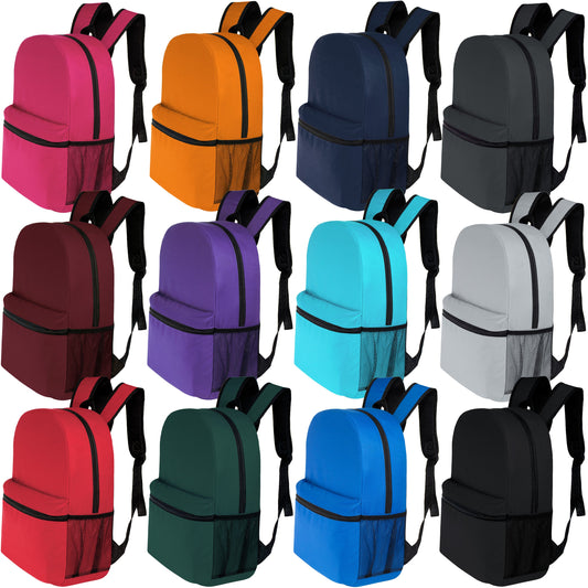 17 'Kids Basic Wholesale Rucksack in 12 Farben mit Seitentasche - Bulk Case von 24 Bookbags