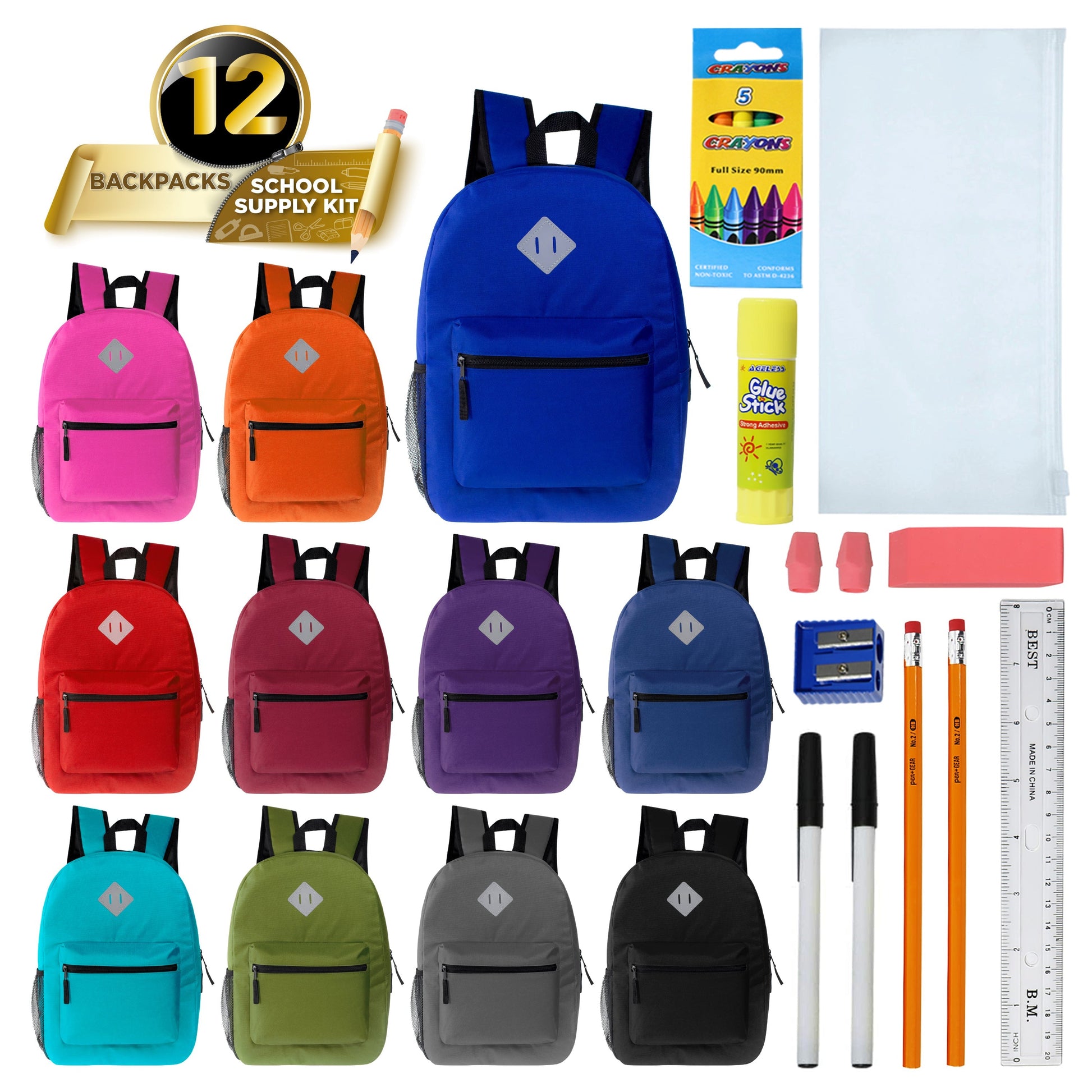 12 Wholesale 17 'Diamant-Patch-Rucksack in verschiedenen Farben & 12 Bulk School Supply Kits Ihrer Wahl