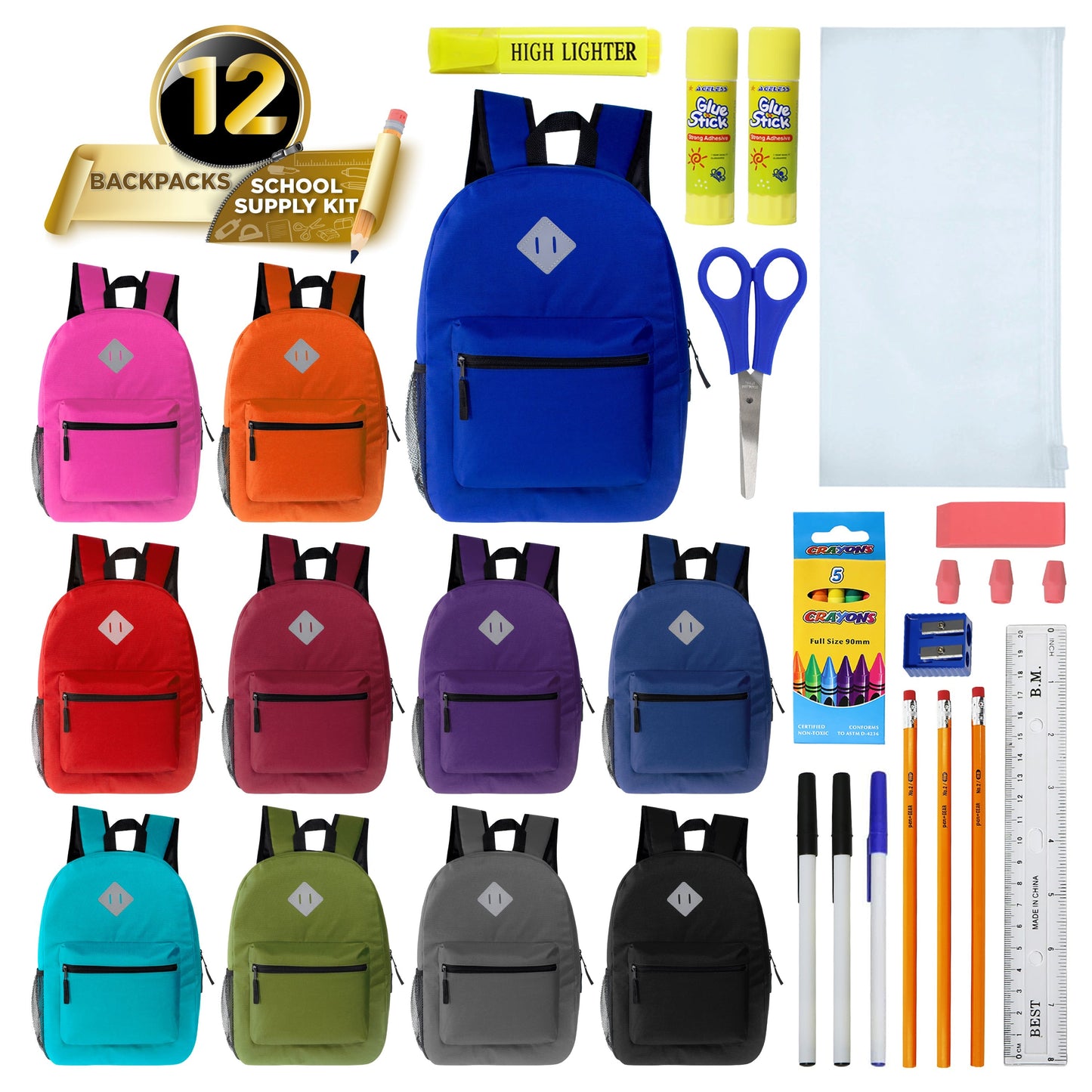 12 Wholesale 17 'Diamant-Patch-Rucksack in verschiedenen Farben & 12 Bulk School Supply Kits Ihrer Wahl