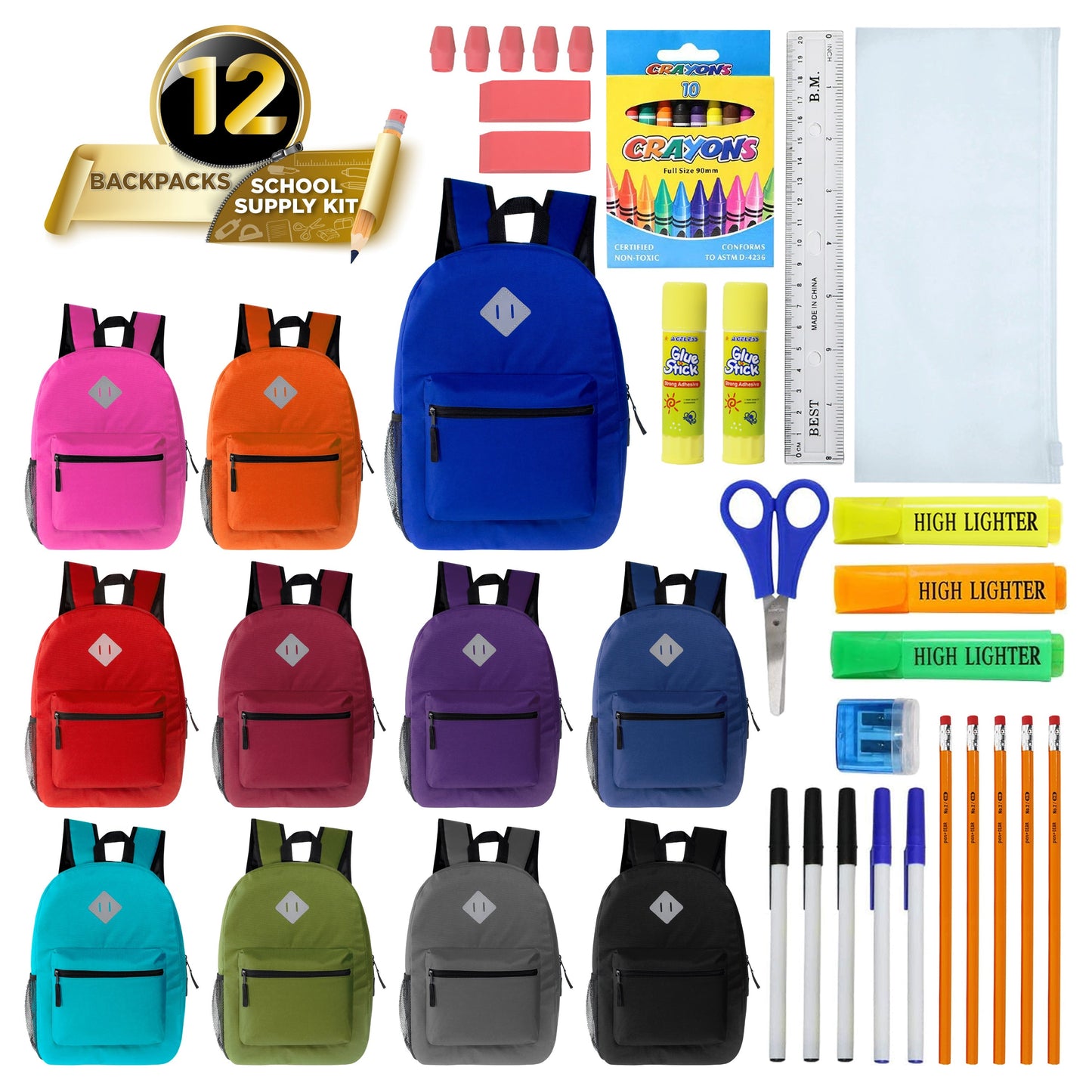 12 Wholesale 17 'Diamant-Patch-Rucksack in verschiedenen Farben & 12 Bulk School Supply Kits Ihrer Wahl
