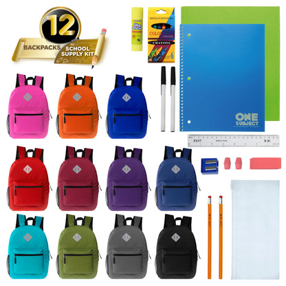 12 Wholesale 17 'Diamant-Patch-Rucksack in verschiedenen Farben & 12 Bulk School Supply Kits Ihrer Wahl