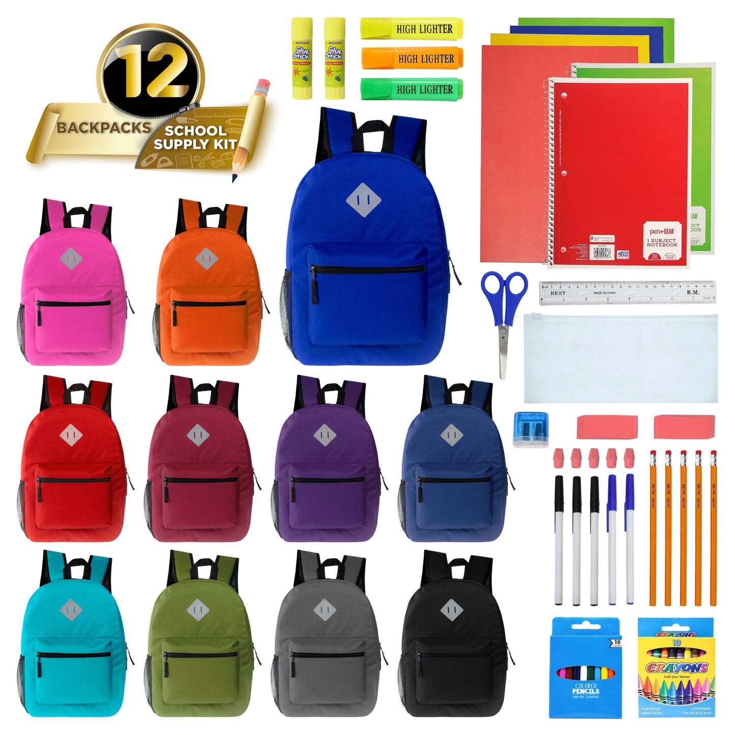 12 Wholesale 17 'Diamant-Patch-Rucksack in verschiedenen Farben & 12 Bulk School Supply Kits Ihrer Wahl