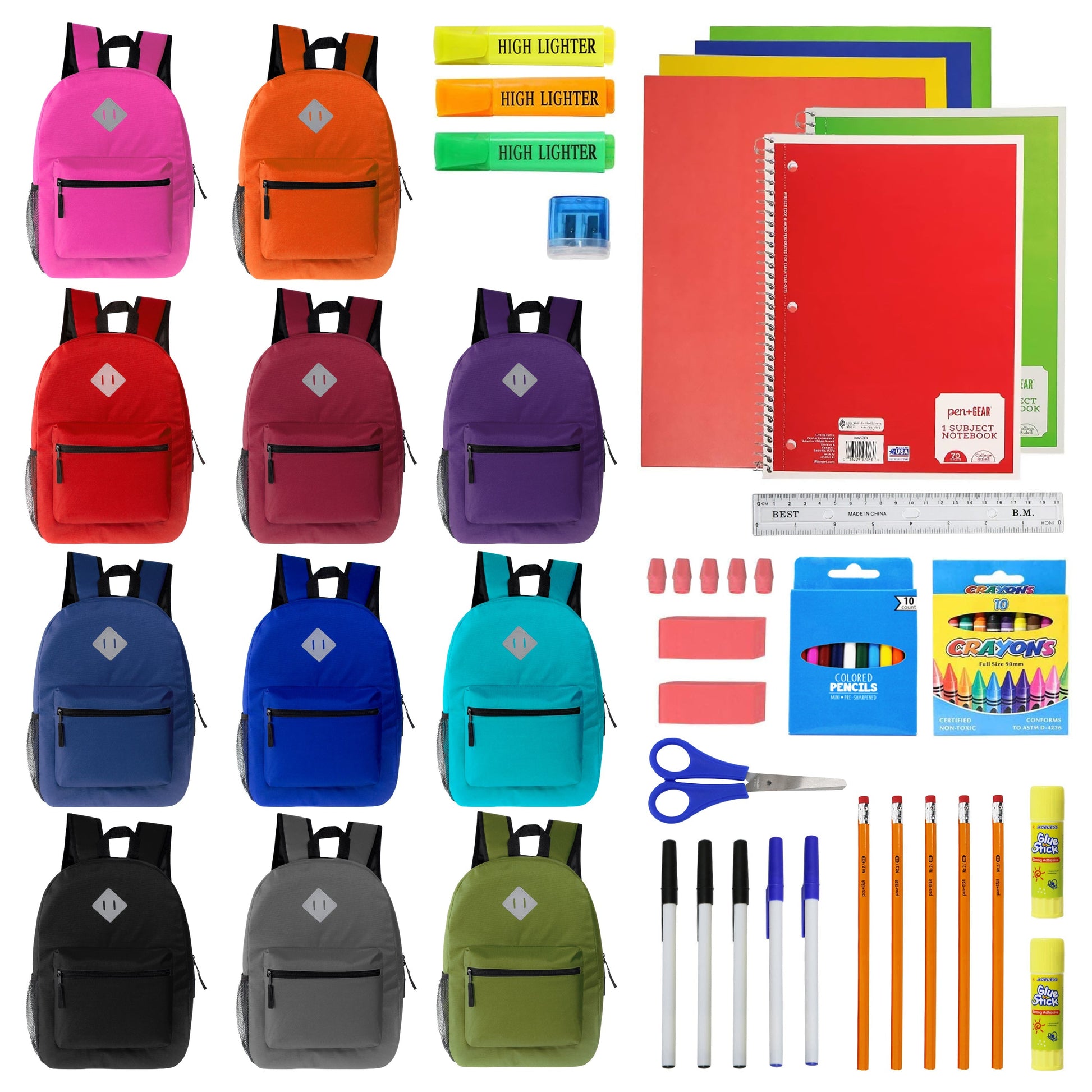 12 Wholesale 17 'Diamant-Patch-Rucksack in verschiedenen Farben & 12 Bulk School Supply Kits Ihrer Wahl