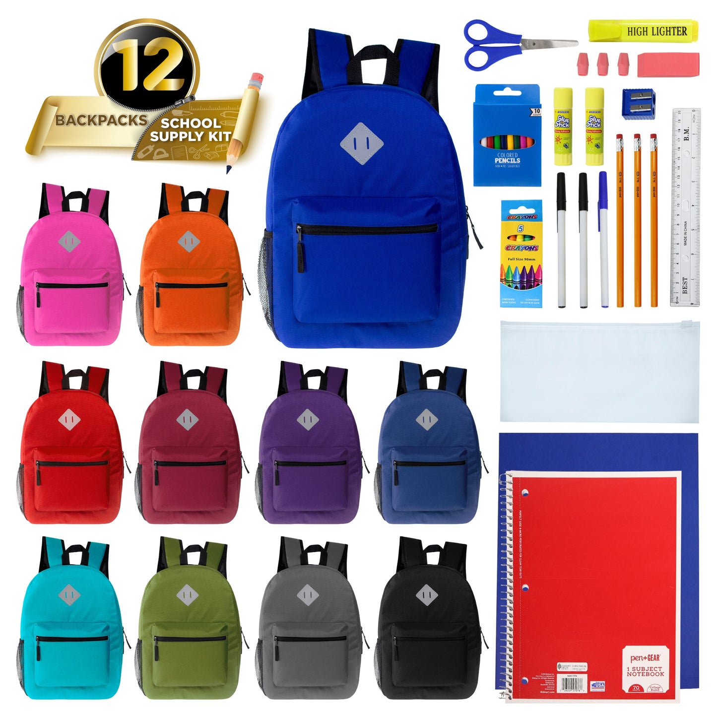 12 Wholesale 17 'Diamant-Patch-Rucksack in verschiedenen Farben & 12 Bulk School Supply Kits Ihrer Wahl
