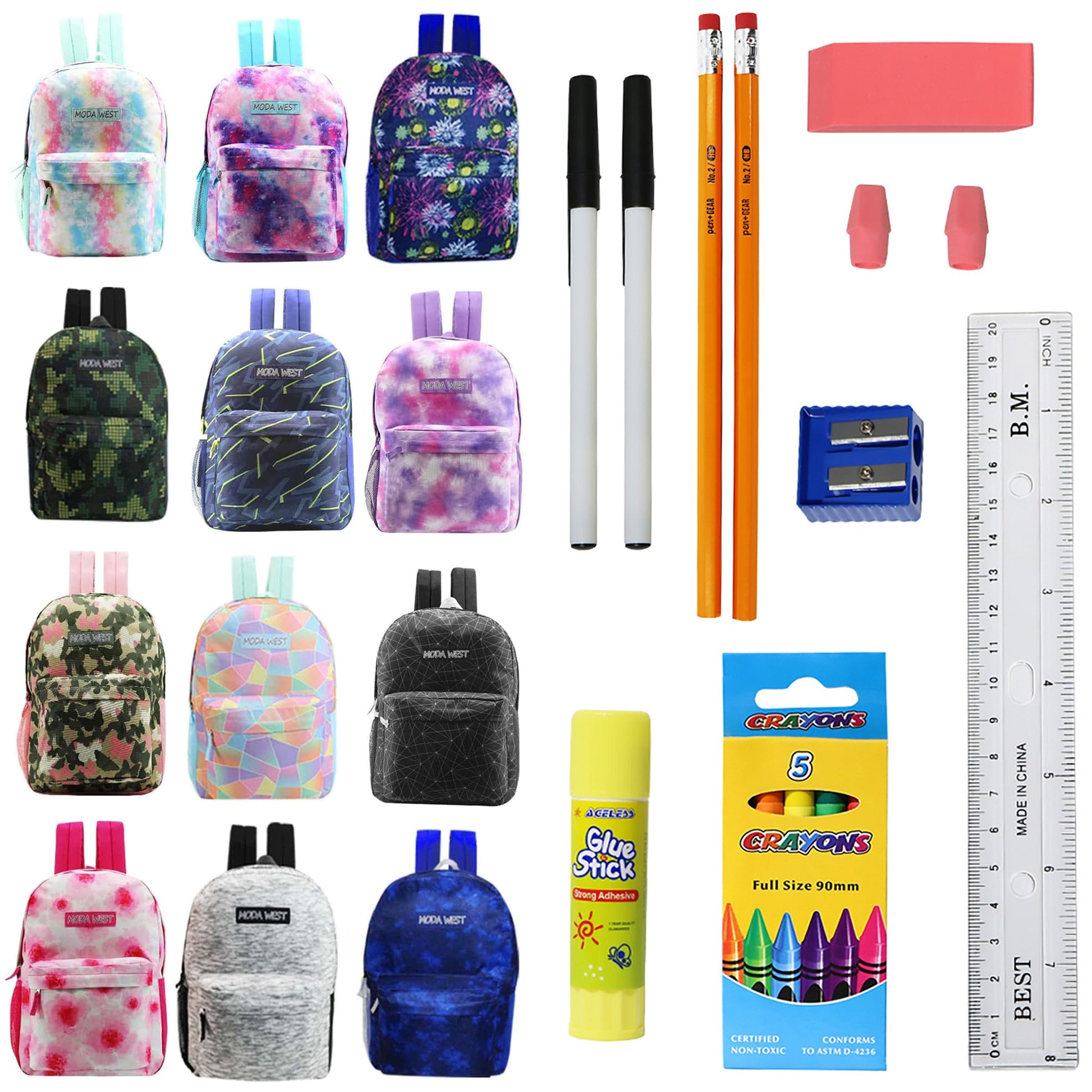 12 Großhandelsdrucker 17 'Rucksäcke für Studenten und 12 Bulk School Supply Kits Ihrer Wahl
