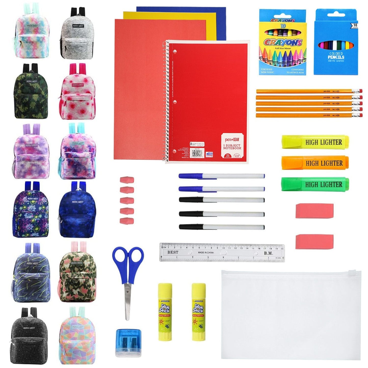 12 Großhandelsdrucker 17 'Rucksäcke für Studenten und 12 Bulk School Supply Kits Ihrer Wahl