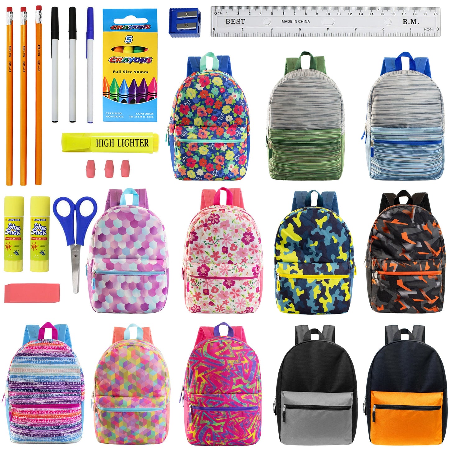 12 Wholesale 17 'Rucksäcke in verschiedenen Designs & 12 Bulk School Supply Kits Ihrer Wahl