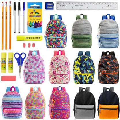 12 Wholesale 17 'Rucksäcke in verschiedenen Designs & 12 Bulk School Supply Kits Ihrer Wahl
