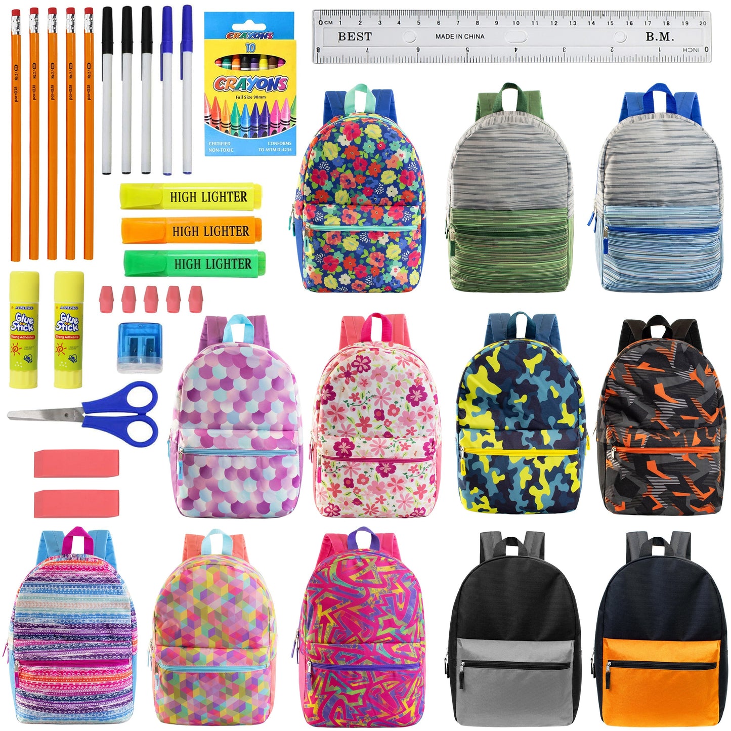 12 Wholesale 17 'Rucksäcke in verschiedenen Designs & 12 Bulk School Supply Kits Ihrer Wahl
