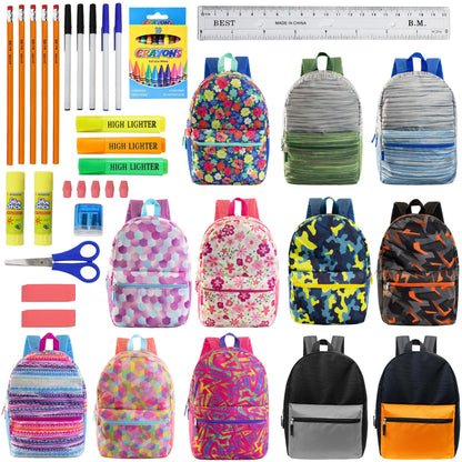 12 Wholesale 17 'Rucksäcke in verschiedenen Designs & 12 Bulk School Supply Kits Ihrer Wahl