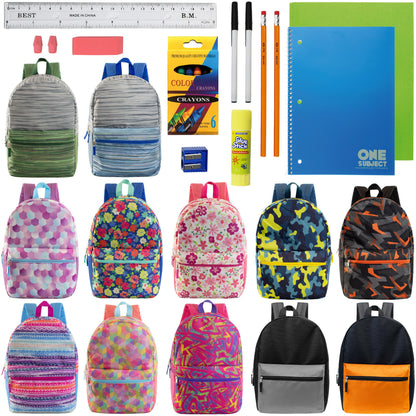 12 Wholesale 17 'Rucksäcke in verschiedenen Designs & 12 Bulk School Supply Kits Ihrer Wahl
