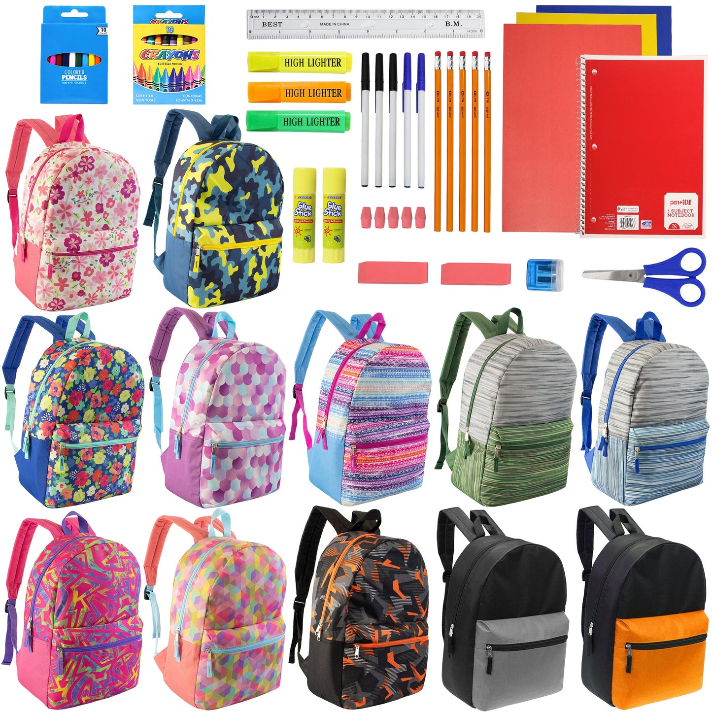 12 Wholesale 17 'Rucksäcke in verschiedenen Designs & 12 Bulk School Supply Kits Ihrer Wahl