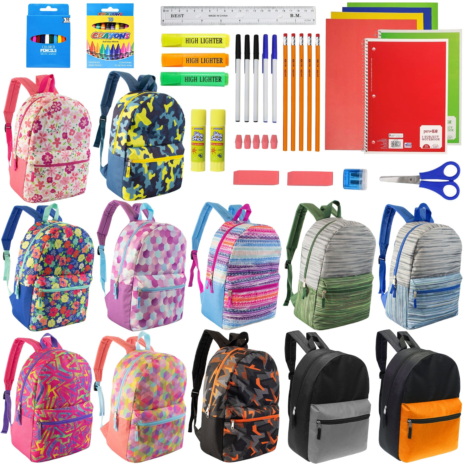 12 Wholesale 17 'Rucksäcke in verschiedenen Designs & 12 Bulk School Supply Kits Ihrer Wahl
