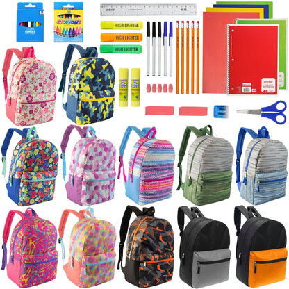 12 Wholesale 17 'Rucksäcke in verschiedenen Designs & 12 Bulk School Supply Kits Ihrer Wahl