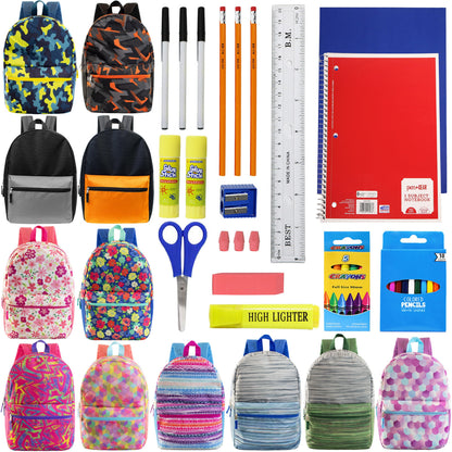 12 Wholesale 17 'Rucksäcke in verschiedenen Designs & 12 Bulk School Supply Kits Ihrer Wahl