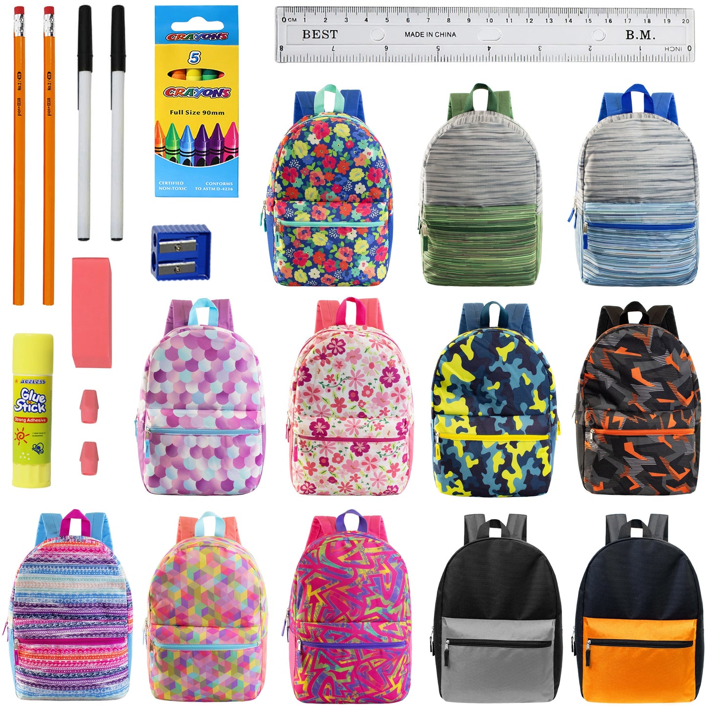12 Wholesale 17 'Rucksäcke in verschiedenen Designs & 12 Bulk School Supply Kits Ihrer Wahl