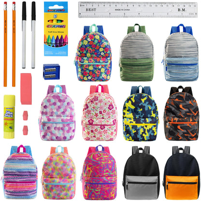 12 Wholesale 17 'Rucksäcke in verschiedenen Designs & 12 Bulk School Supply Kits Ihrer Wahl