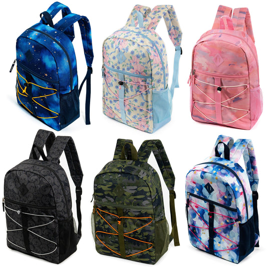Großhandelsschule 17' Bungee Rucksäcke in 6 Prints - Seitentaschen - Bulk Case von 24 Bookbags