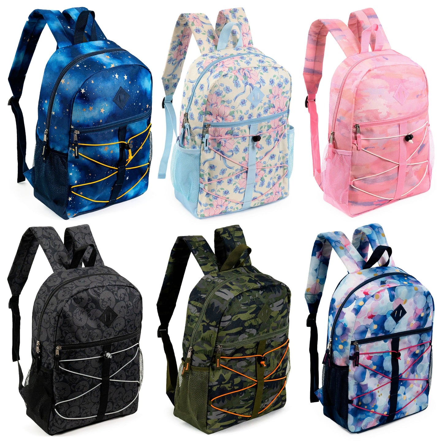 12 Wholesale 17 'Bungee Rucksack in 6 Prints & 12 Bulk School Supply Kits Ihrer Wahl