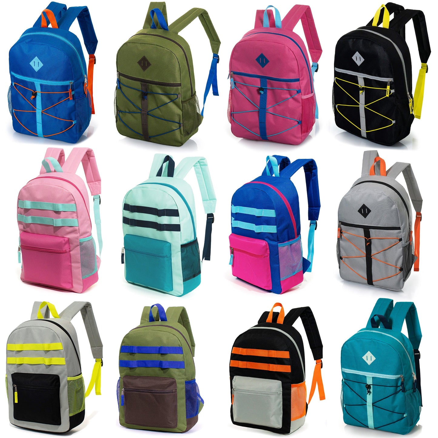 12 Wholesale 17 'Rucksäcke in verschiedenen Farben und Drucken & 12 Bulk School Supply Kits Ihrer Wahl