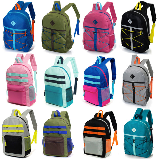 12 Wholesale 17 'Rucksäcke in verschiedenen Farben und Drucken & 12 Bulk School Supply Kits Ihrer Wahl