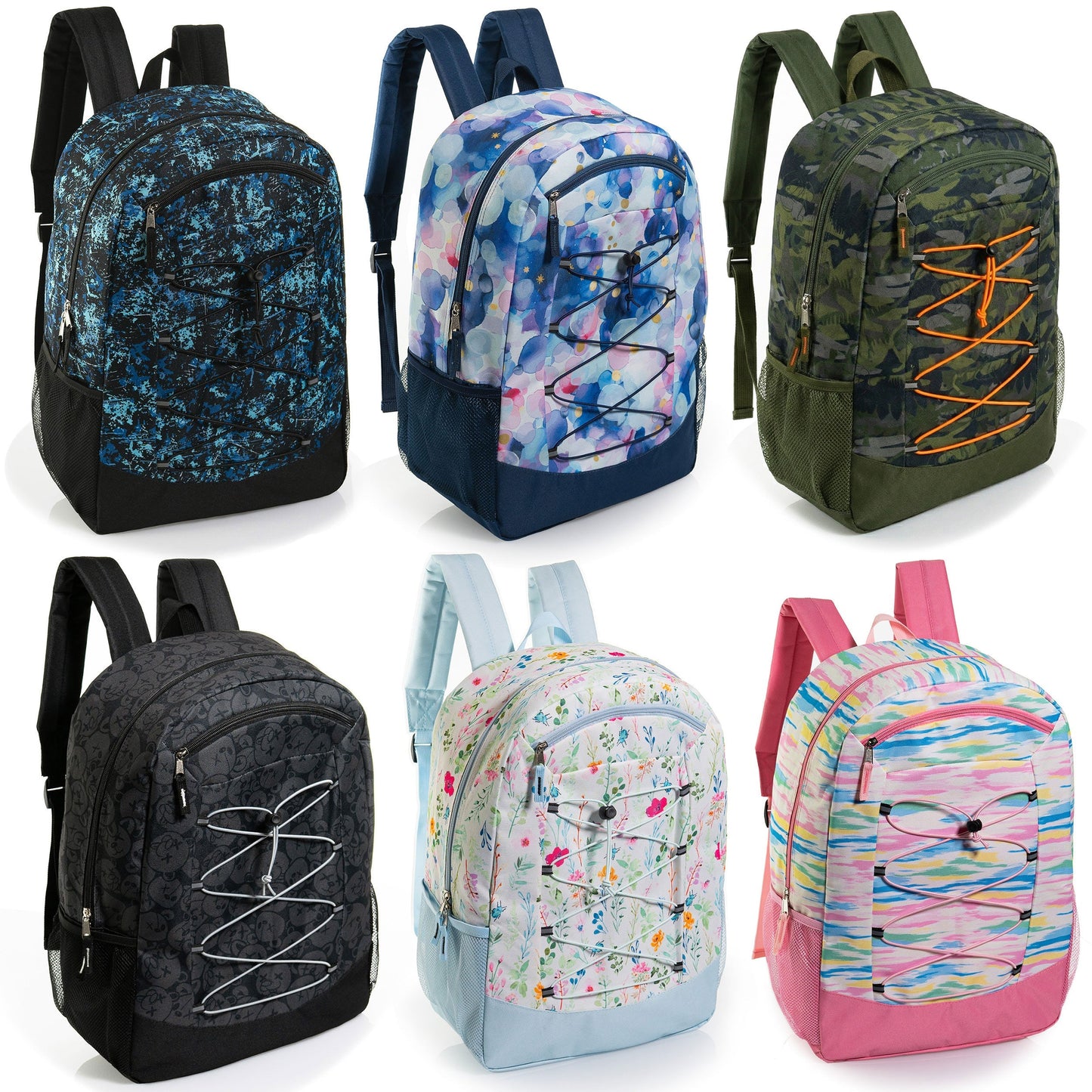 12 Wholesale 19 'Bungee Rucksack in 6 Mustern & 12 Bulk School Supply Kits Ihrer Wahl
