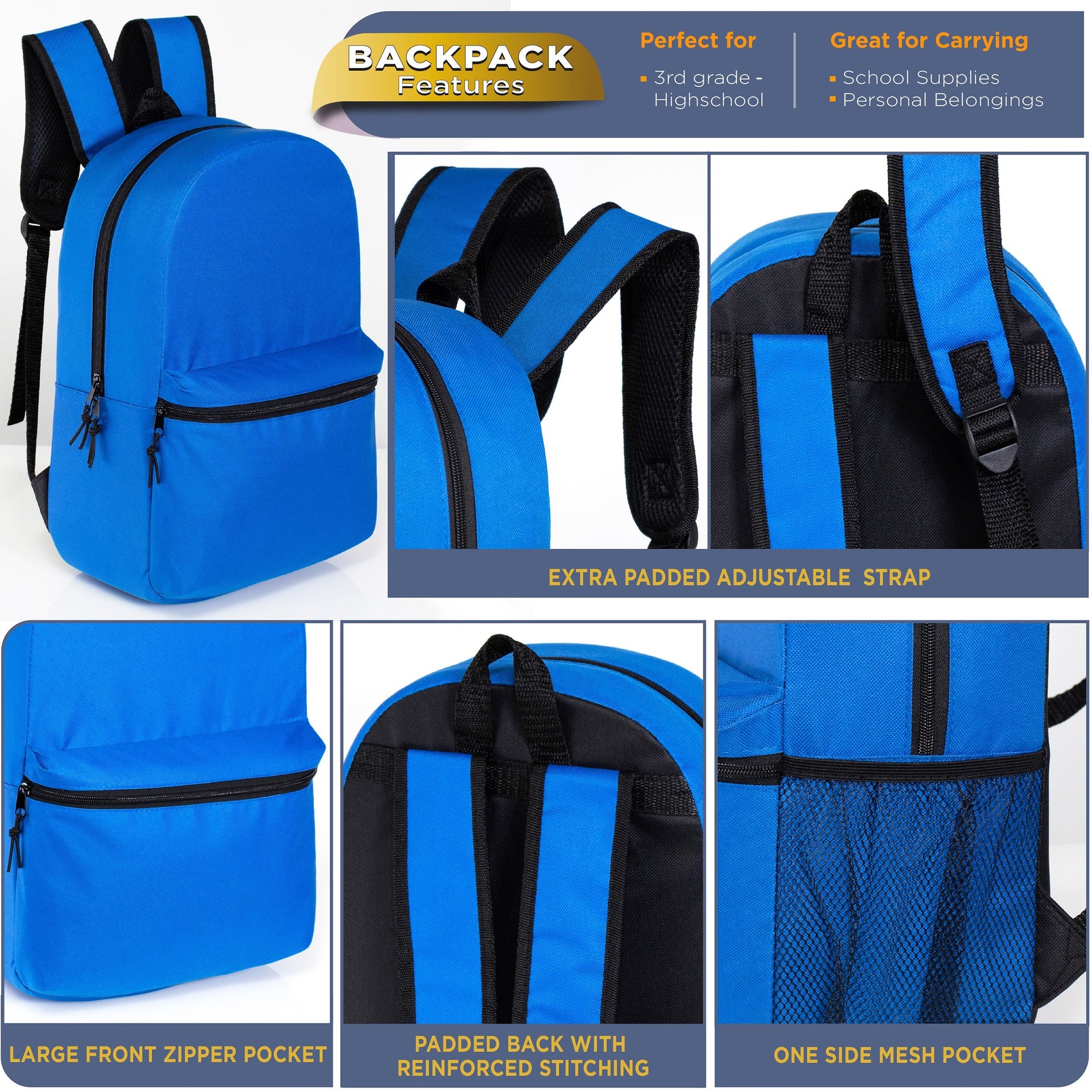 12 Wholesale 16 'Basic Rucksäcke in 12 verschiedenen Farben & 12 Bulk School Supply Kits Ihrer Wahl