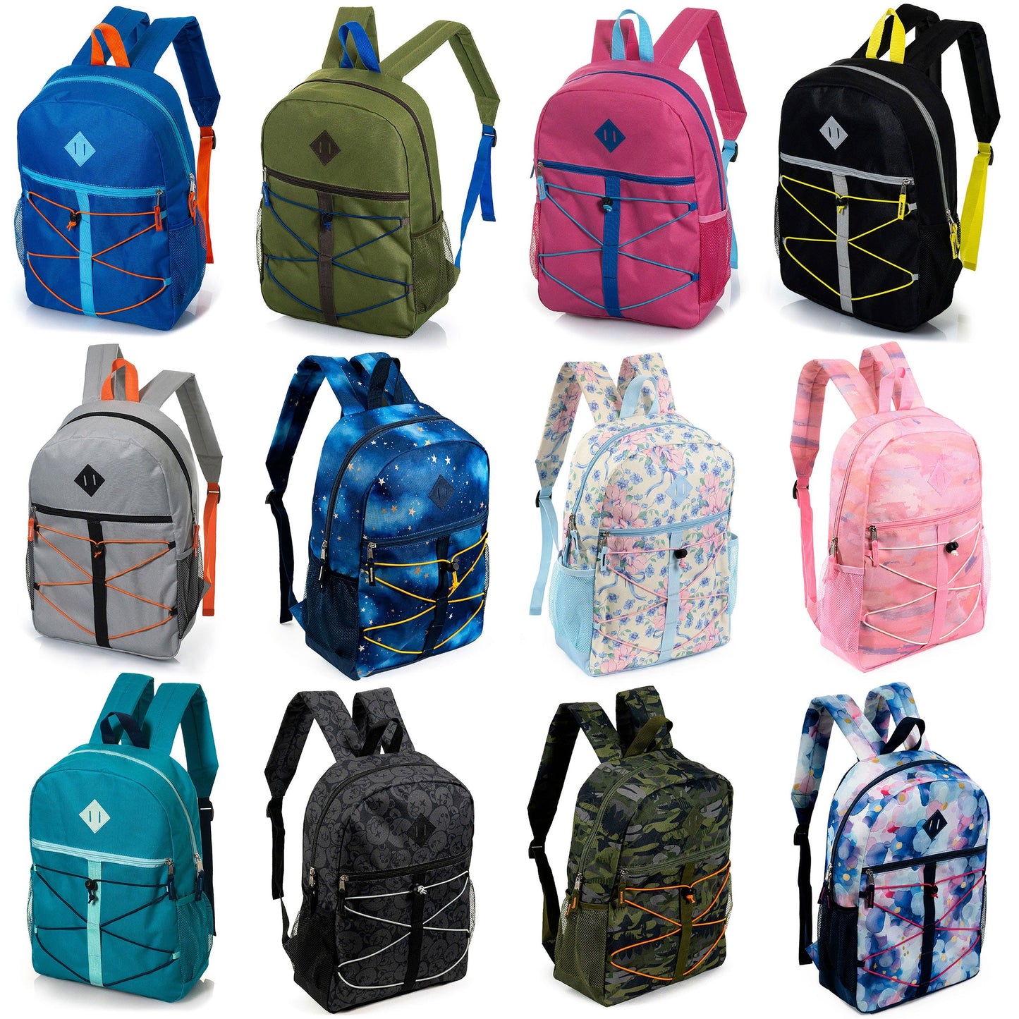 12 Großhandels-17' Bungee-Rucksack in 12 Farben & 12 Bulk School Supply Kits Ihrer Wahl