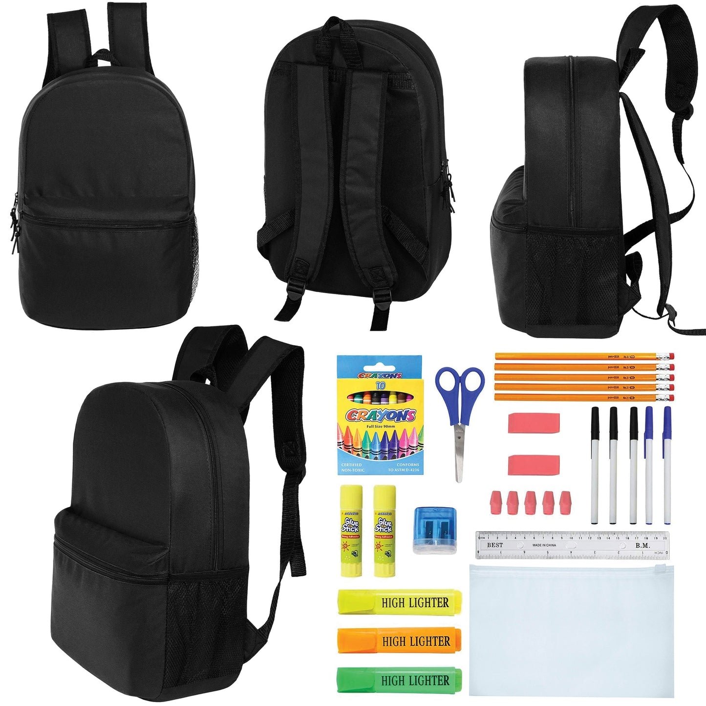 12 Wholesale Blank 18,5 'Rucksäcke in Schwarz & 12 Bulk School Supply Kits Ihrer Wahl