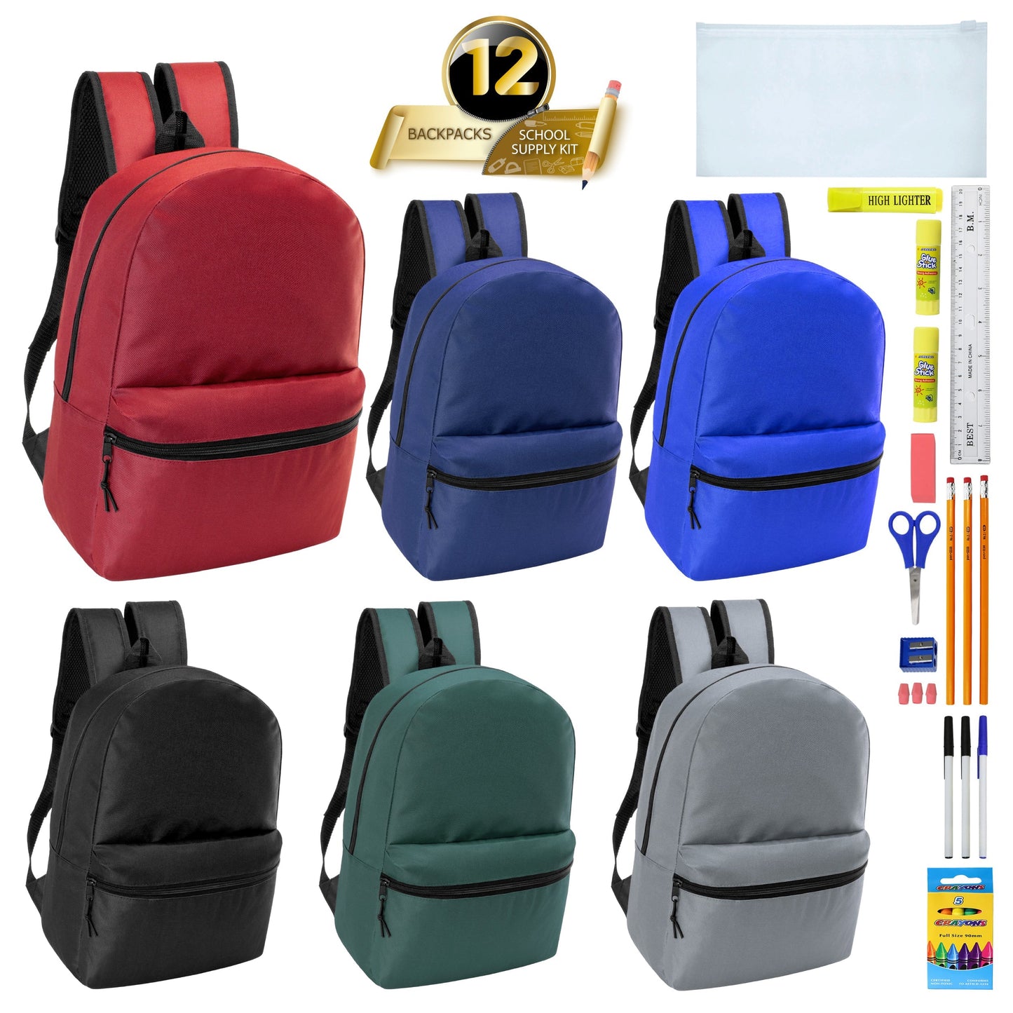 12 Wholesale 17 'Basic Wholesale Rucksack in 6 Farben & 12 Bulk School Supply Kits Ihrer Wahl