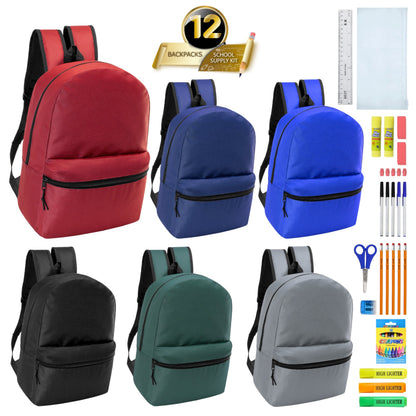 12 Wholesale 17 'Basic Wholesale Rucksack in 6 Farben & 12 Bulk School Supply Kits Ihrer Wahl