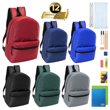 12 Wholesale 17 'Basic Wholesale Rucksack in 6 Farben & 12 Bulk School Supply Kits Ihrer Wahl