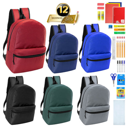 12 Wholesale 17 'Basic Wholesale Rucksack in 6 Farben & 12 Bulk School Supply Kits Ihrer Wahl