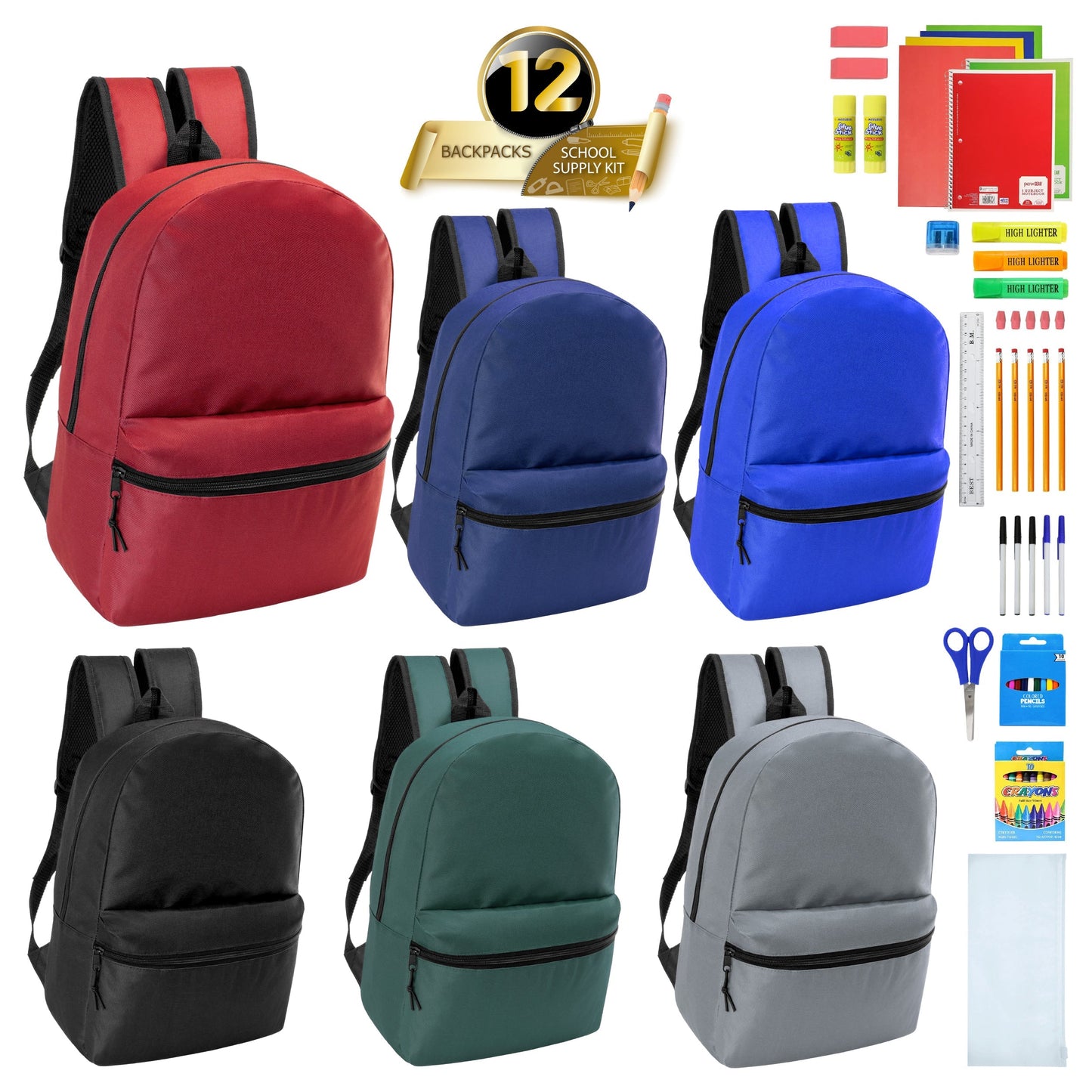 12 Wholesale 17 'Basic Wholesale Rucksack in 6 Farben & 12 Bulk School Supply Kits Ihrer Wahl