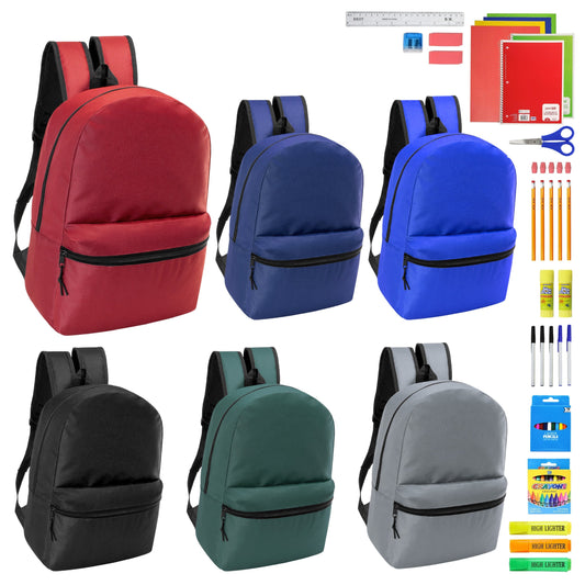 12 Wholesale 18,5 'Rucksäcke in verschiedenen Farben & 12 Bulk School Supply Kits Ihrer Wahl
