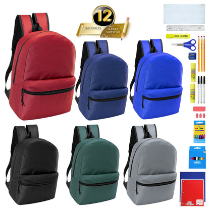 12 Wholesale 17 'Basic Wholesale Rucksack in 6 Farben & 12 Bulk School Supply Kits Ihrer Wahl
