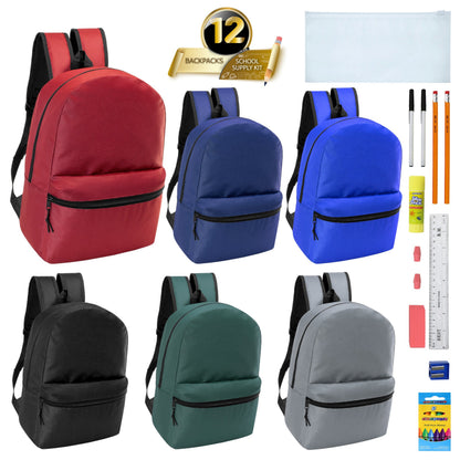 12 Wholesale 17 'Basic Wholesale Rucksack in 6 Farben & 12 Bulk School Supply Kits Ihrer Wahl