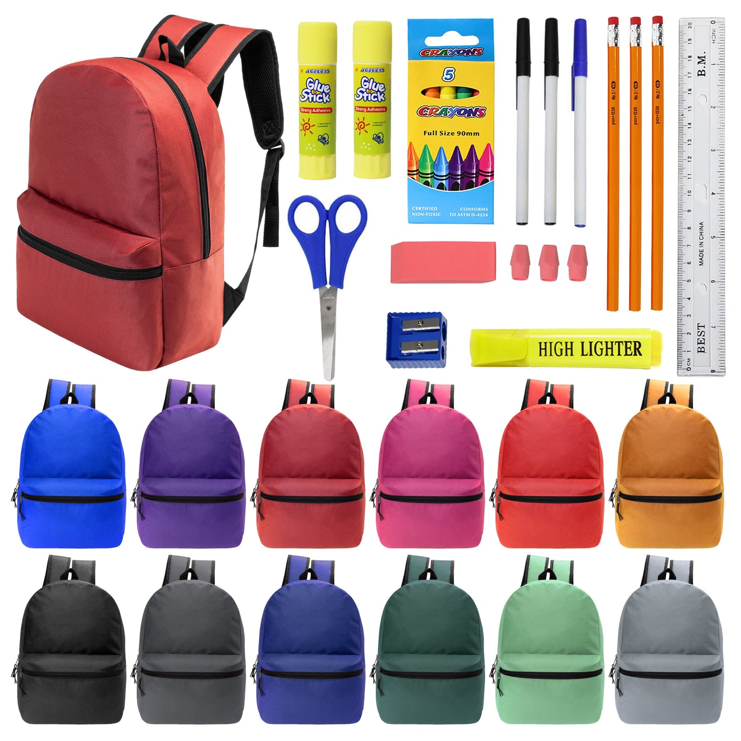 12 Wholesale 17 'Basic Rucksäcke in 12 verschiedenen Farben & 12 Bulk School Supply Kits Ihrer Wahl