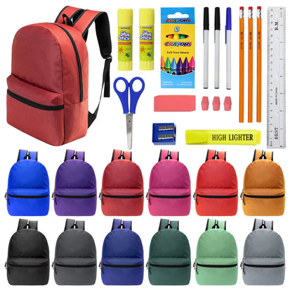 12 Wholesale 17 'Basic Rucksäcke in 12 verschiedenen Farben & 12 Bulk School Supply Kits Ihrer Wahl