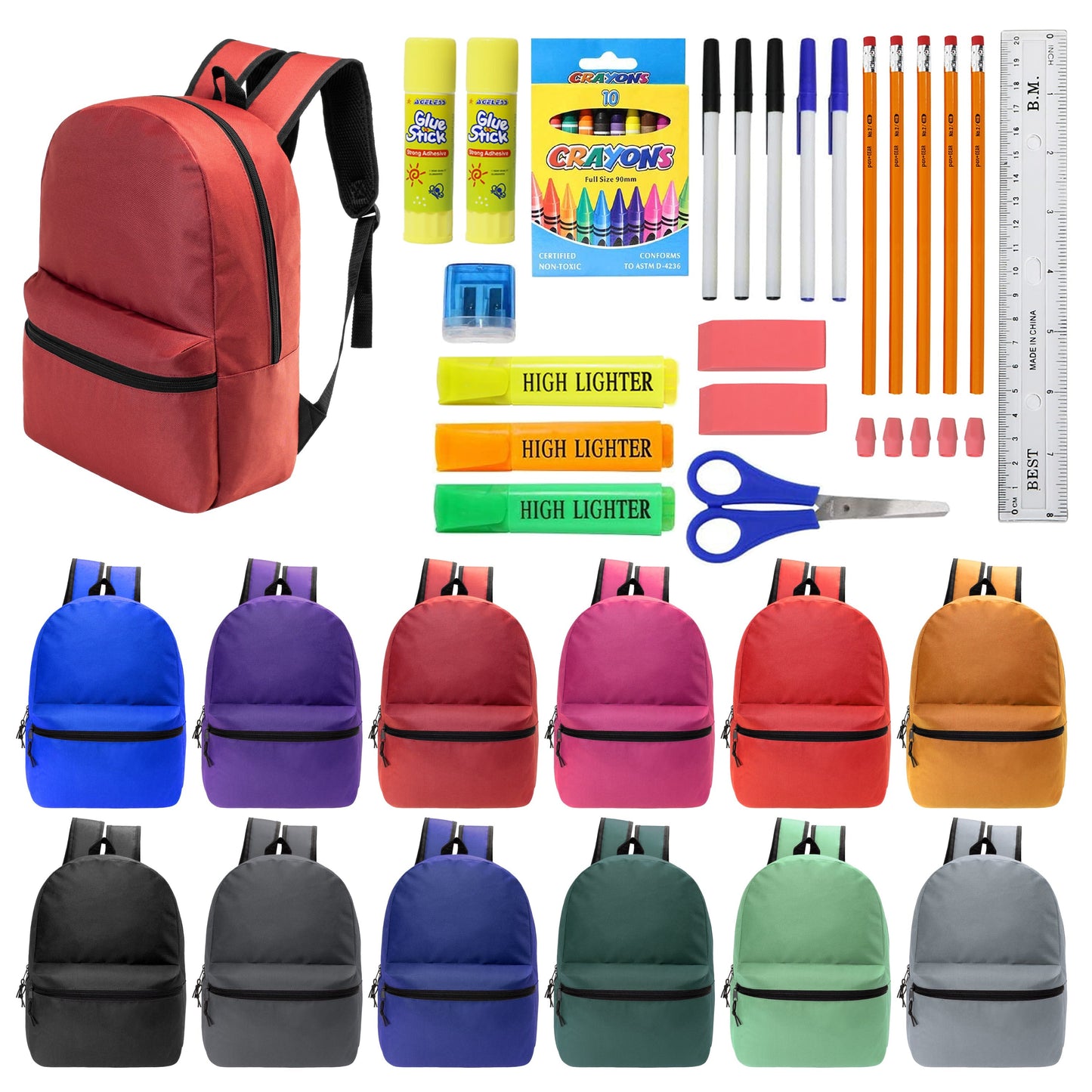 12 Wholesale 17 'Basic Rucksäcke in 12 verschiedenen Farben & 12 Bulk School Supply Kits Ihrer Wahl