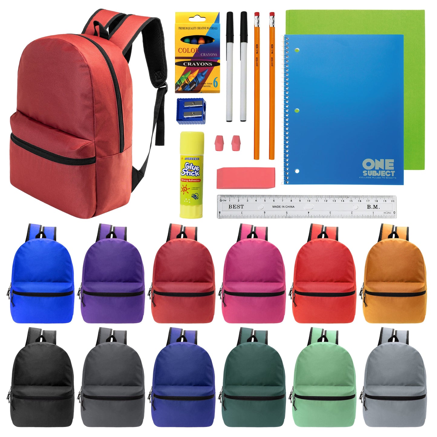 12 Wholesale 17 'Basic Rucksäcke in 12 verschiedenen Farben & 12 Bulk School Supply Kits Ihrer Wahl