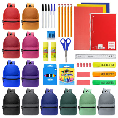 12 Wholesale 17 'Basic Rucksäcke in 12 verschiedenen Farben & 12 Bulk School Supply Kits Ihrer Wahl