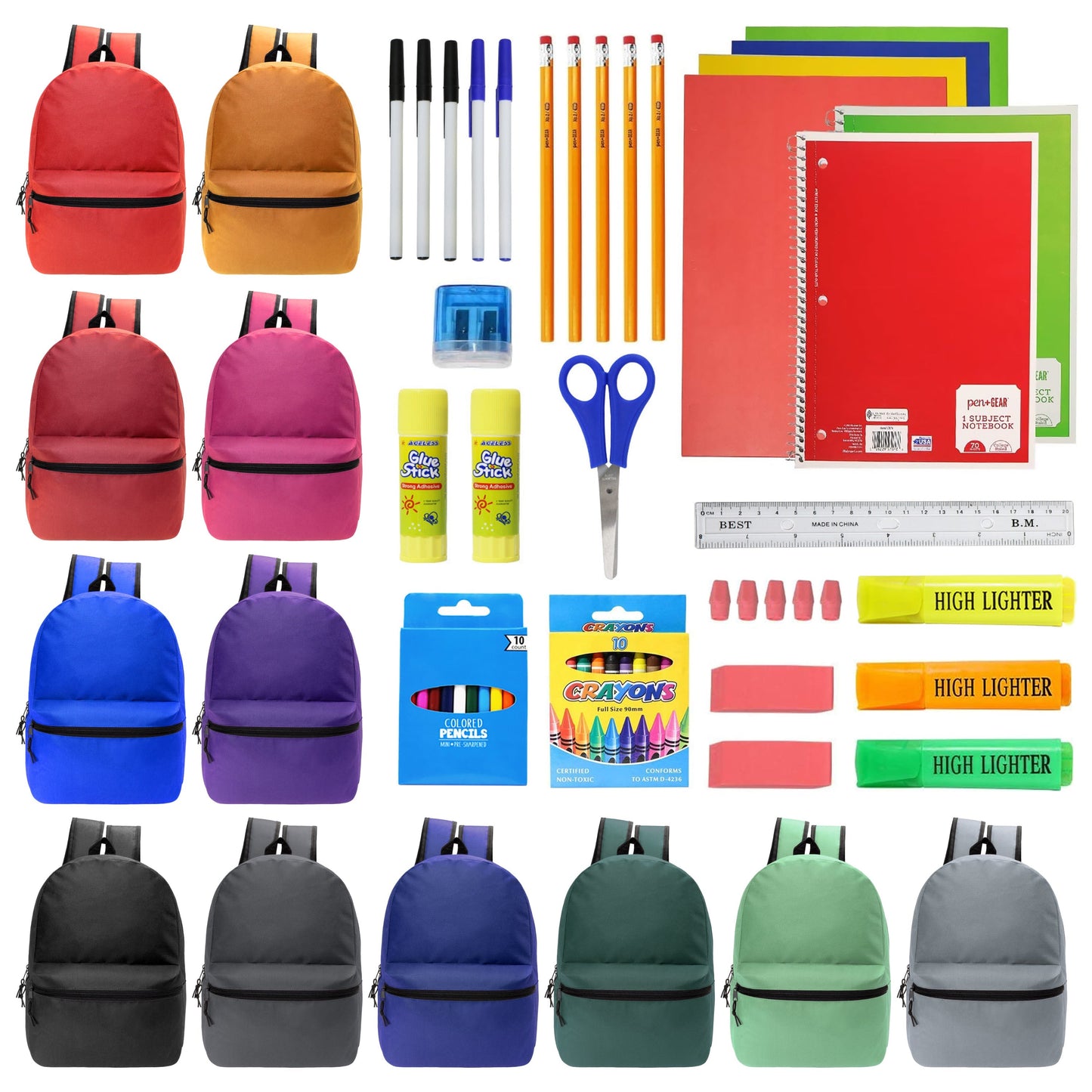 12 Wholesale 17 'Basic Rucksäcke in 12 verschiedenen Farben & 12 Bulk School Supply Kits Ihrer Wahl