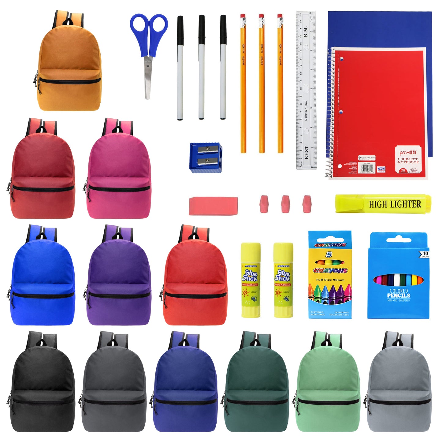 12 Wholesale 17 'Basic Rucksäcke in 12 verschiedenen Farben & 12 Bulk School Supply Kits Ihrer Wahl